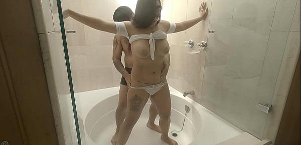  Seductive girlfriend with big tits takes a bath and gets nailed by hot young man